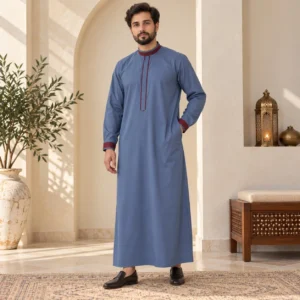 Blue Omani Thobe UK Men's Blue Omani Thobe with Maroon Contrast Detailing UK