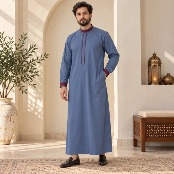 Men's Blue Omani Thobe with Maroon Contrast Detailing UK