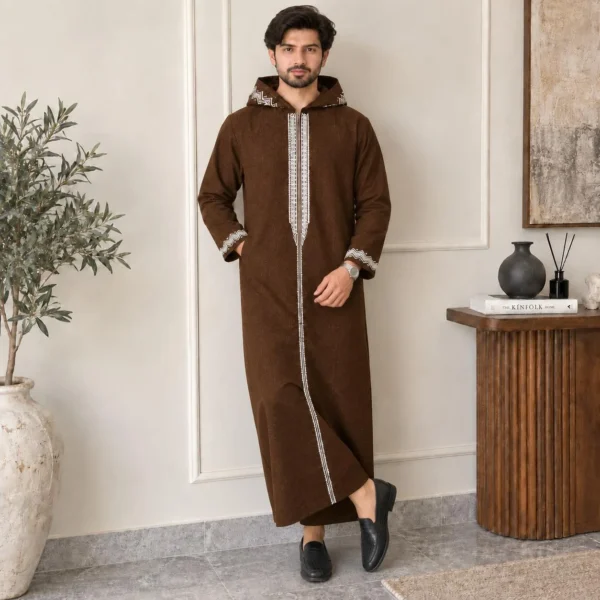 Chocolate Brown Embroidered Hooded Wool Thobe Chocolate Brown Embroidered Hooded Wool Thobe