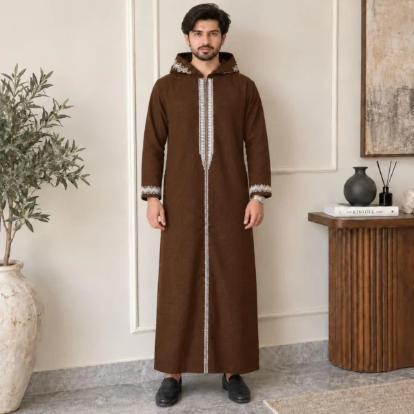 Chocolate Brown Embroidered Hooded Wool Thobes Chocolate Brown Embroidered Hooded Wool Thobes