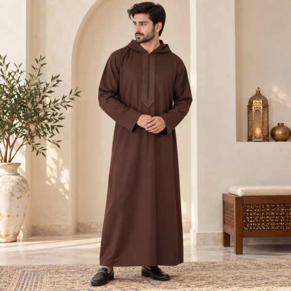 Chocolate Brown Moroccan Hooded Thobe USA Chocolate Brown Moroccan Hooded Mens Thobe UK