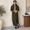 Dark Olive Green Embroidered Wool Hooded Thobes UK