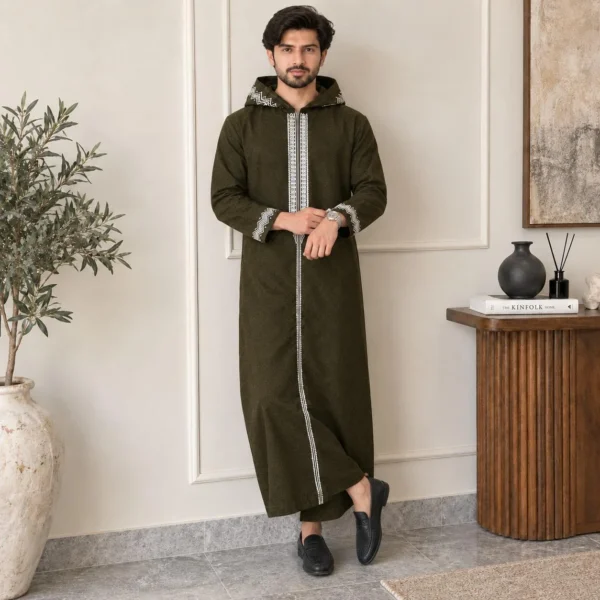 Dark Olive Green Embroidered Wool Hooded Thobes UK