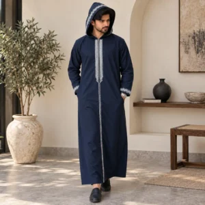 Denim Blue Woolen Embroidered Hooded Djellabas UK