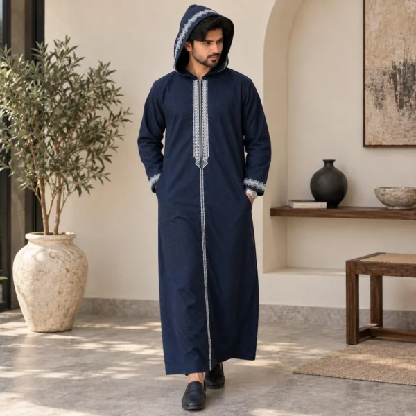 Denim Blue Woolen Embroidered Hooded Djellabas UK Denim Blue Woolen Embroidered Hooded Djellabas UK