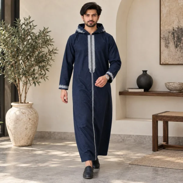 Denim Blue Woolen Embroidered Hooded Djellabas UK Denim Blue Woolen Embroidered Hooded Djellabas UK