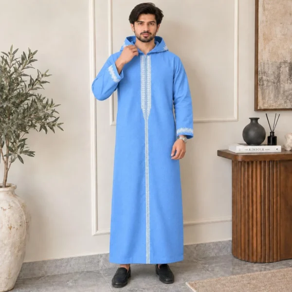 Embroidered Sky Blue Hooded Thobes UK Embroidered Sky Blue Hooded Thobes UK