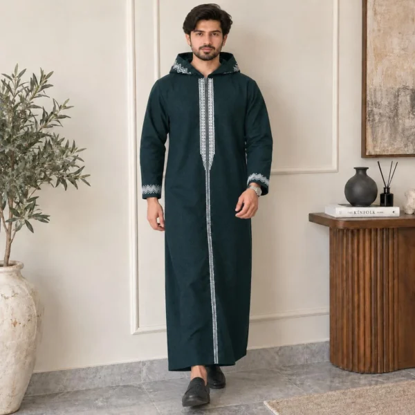 Emerald Green Embroidered Hooded Thobe for Winters UK