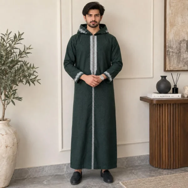 Men's Forest Green Winter Wool Hooded Moroccan Djellaba