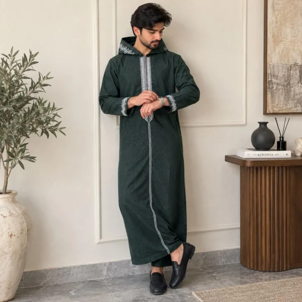 Men's Forest Green Winter Wool Hooded Moroccan Djellaba UK