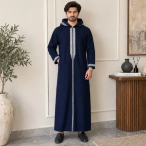 Navy Blue Embroidered Wool Hooded Djellaba uk